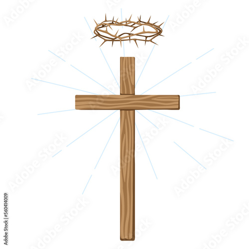 Christian illustration of wooden cross and crown of thorns. Happy Easter image.