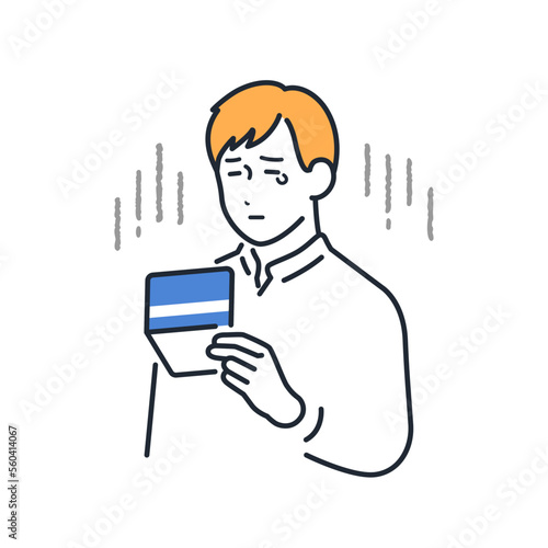 通帳を見てガッカリする若い男性のシンプルなベクターイラスト素材