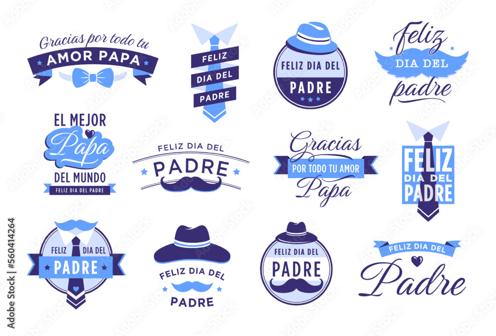Feliz dia del padre badges. Spanish lettering means happy fathers day and congratulations dad. Calligraphy with mustache and father hat vector set