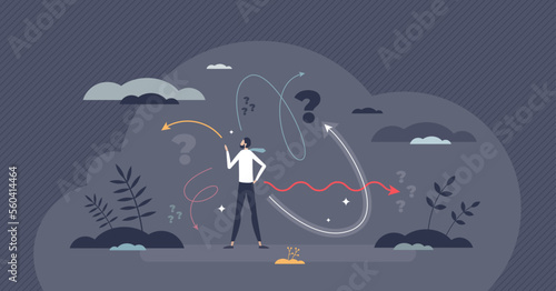 Decision making dilemma as choice confusion problem tiny person concept. Various options to choose as difficult struggle for businessman vector illustration. Analyzing process in uncertainty situation