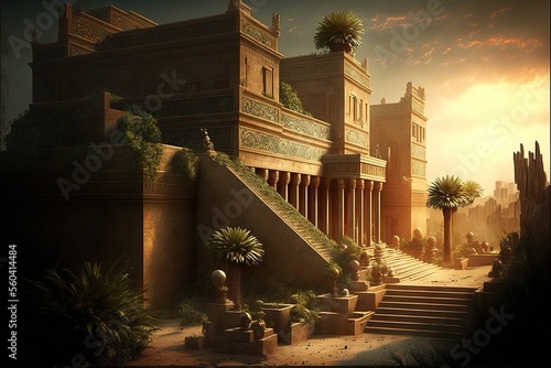 Stampa su tela Architecture of Ancient Babylon, ancient temple, neon illumination, moonlight, sunset