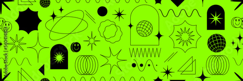 Acid tile seamless background, y2k brutalist shapes, trendy geometric elements.Vibrant primitive memphis style.Bauhaus minimalist modern seamless pattern, naive basic figures: stars, shere, lines