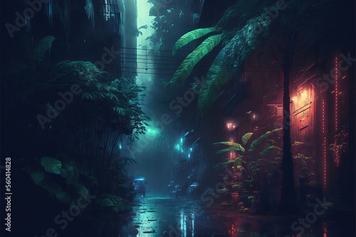 Night tropical city in cyberpunk style  neon light  tropical plants  rain  wet asphalt  water. AI