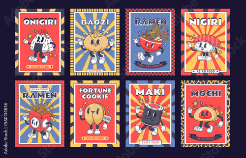 Asian food emblem. Japanese mochi, onigiri and ramen poster with mascot character. Chinese baozi and fortune cookie cartoon vector illustration set