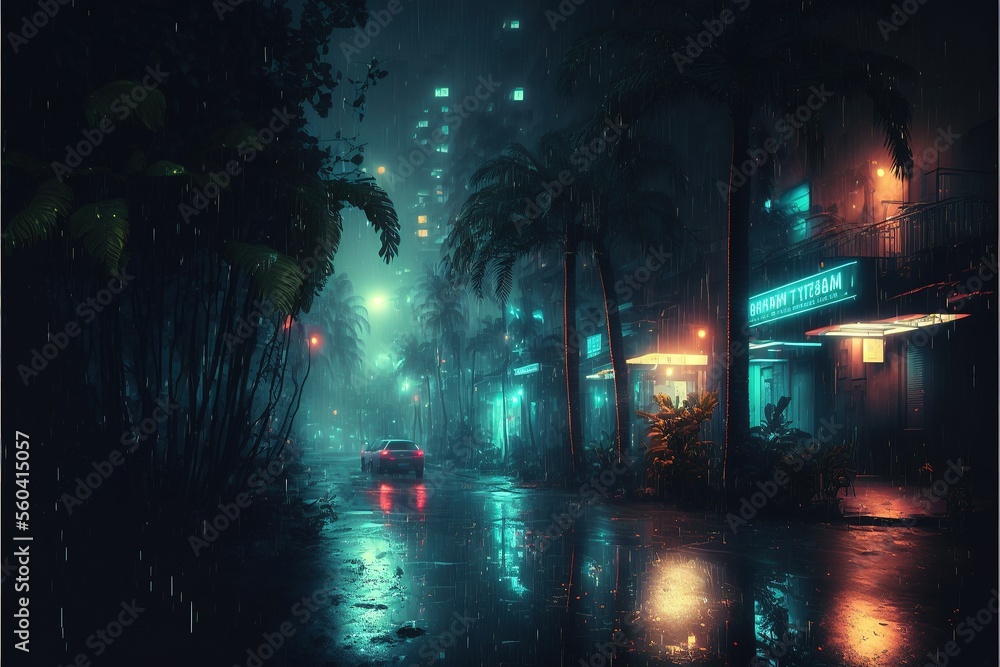 Night tropical city in cyberpunk style, neon light, tropical plants, rain, wet asphalt, water. AI