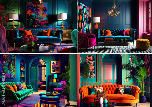 Maximalist interior design concepts with bold colours and vintage elements. Collage, generative AI photo