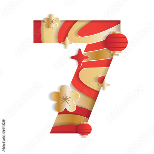 7 Numeric Number Chinese New Year Concept Character Font Letter Abstract Paper Flower Lantern Lunar Festival Element Sparkle Shine Gradient Gold Red 3D Paper Layer Cutout Card Vector Illustration