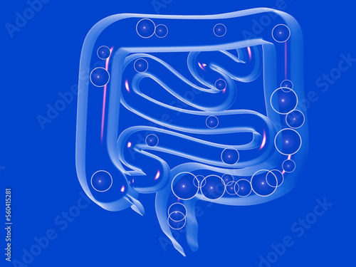 3d crystal illustration of the digestive system, with gases in the large and small intestine. Transparent front view, cut out on a blue background.