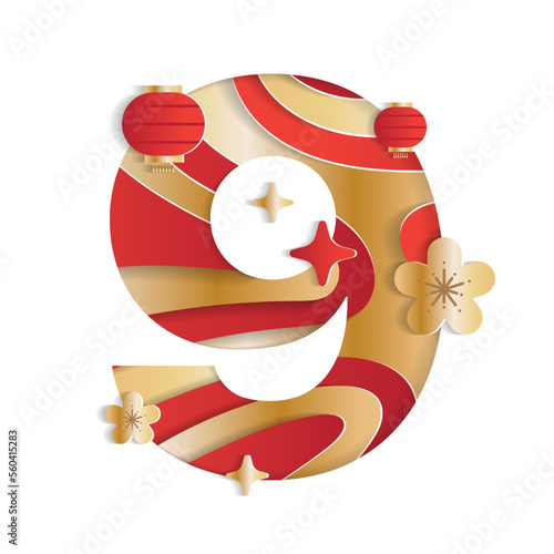 9 Numeric Number Chinese New Year Concept Character Font Letter Abstract Paper Flower Lantern Lunar Festival Element Sparkle Shine Gradient Gold Red 3D Paper Layer Cutout Card Vector Illustration