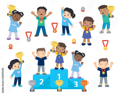 Multi-ethnic children with medals and trophies, Victory stand, Sports pedestal, Medalists kids standing on competition winner podium clip art, Kawaii style flat illustrations
