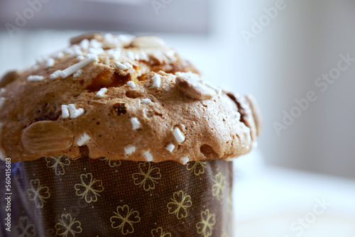 Traditional italian Panettone, typical Christmas cake, close up view, detail.