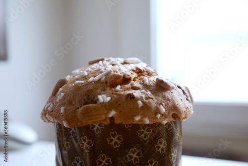 Traditional italian Panettone, typical Christmas cake, close up view.