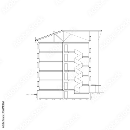 Detailed multi-storey building. Cross-section house. Vector black and white blueprint.