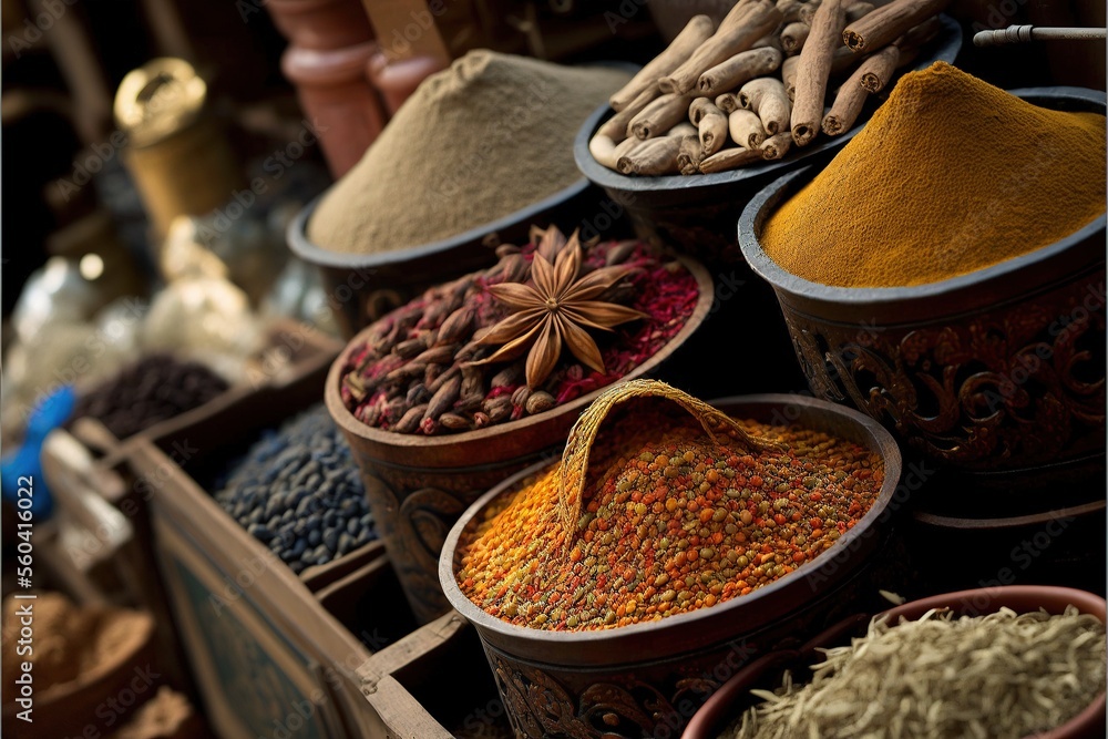 Oriental spices and spices on the market. AI - obrazy, fototapety, plakaty 