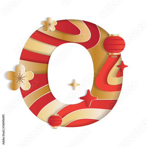 Letter O Alphabet Font Chinese New Year Concept Character Font Letter Abstract Paper Flower Lantern Lunar Festival Element Sparkle Gradient Red Gold 3D Paper Layer Cutout Card Vector Illustration