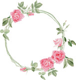 watercolor blooming pink rose branch flower bouquet wreath frame
