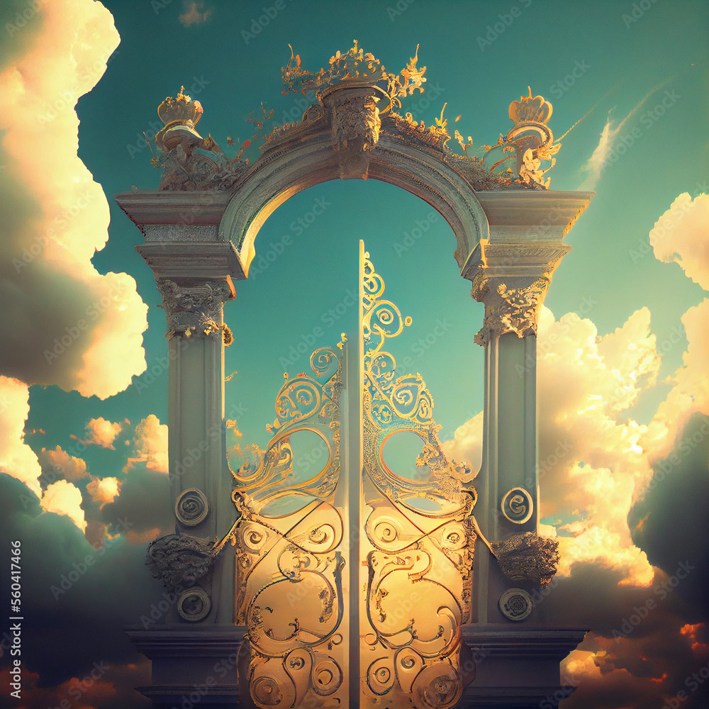 The gates of heaven. Generative AI Art. Architectural element in the