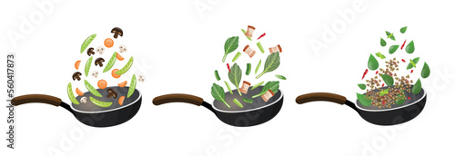set of stir fry fresh vegetables with pepper in a pan