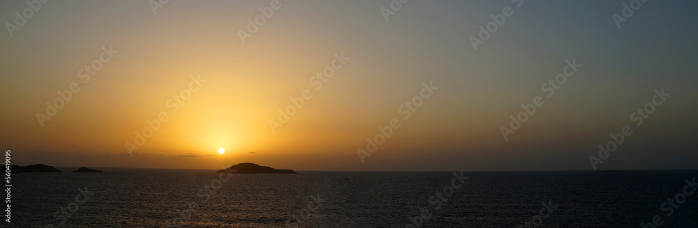 orange sunset in mediterranean sea, sea panorama for natural horizontal background