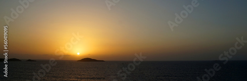 orange sunset in mediterranean sea, sea panorama for natural horizontal background