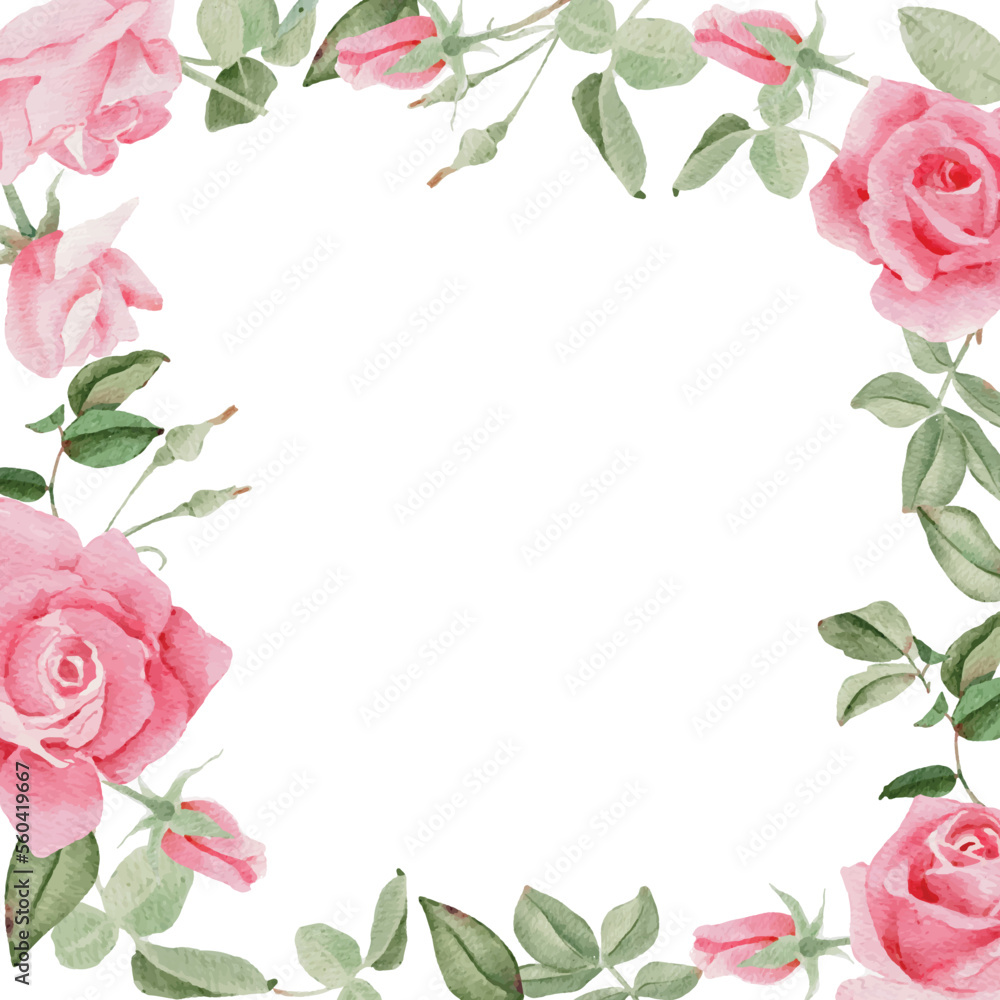 watercolor blooming pink rose branch flower bouquet wreath frame square banner background