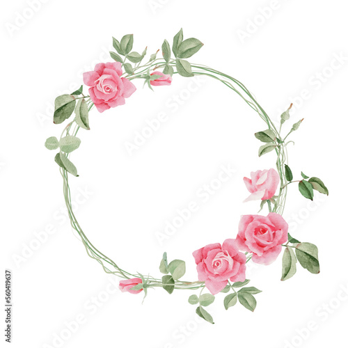 watercolor blooming pink rose branch flower bouquet wreath frame