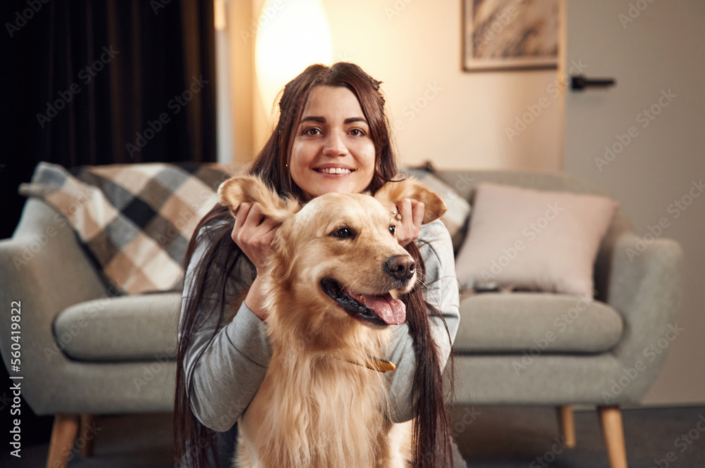 Playing with ears, front view, portrait. Woman is with golden retriever dog at home Playing with ears, front view, portrait. Woman is with golden retriever dog at home