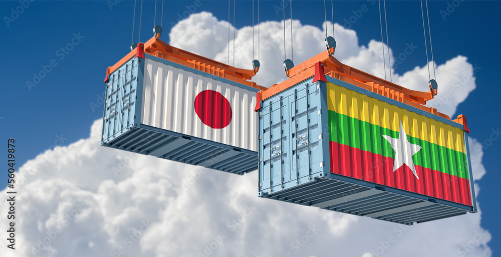 Cargo containers with Myanmar and Japan national flags. 3D Rendering 