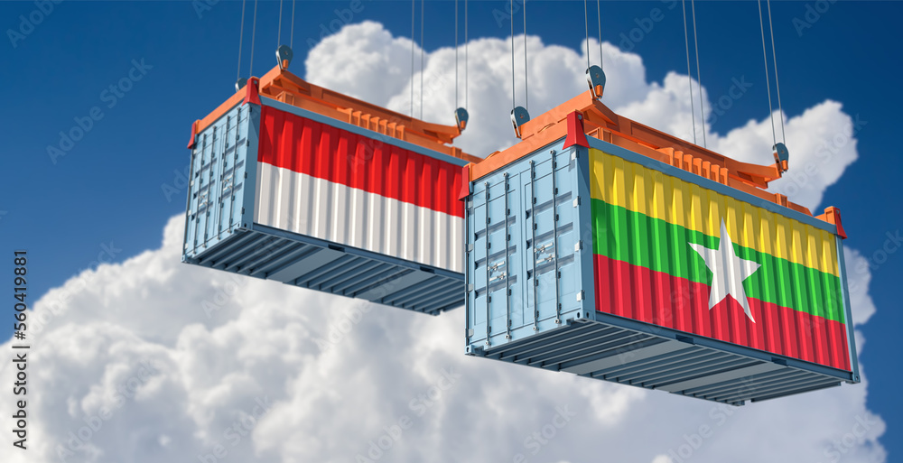 Cargo containers with Myanmar and Indonesia national flags. 3D Rendering 