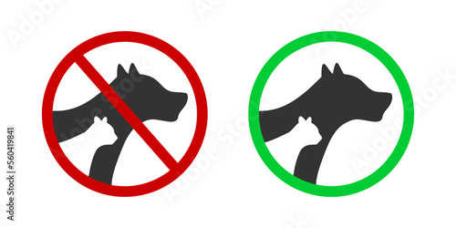Pets allowed and prohibiited icons. Dogs or cats banned or friendly zone labels. Canine and feline silhouettes in red forbidden and green permitted sign. Vector flat illustration
