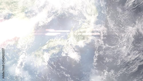 Earth zoom in from outer space to city. Zooming on Kakamigahara, Gifu, Japan. The animation continues by zoom out through clouds and atmosphere into space. Images from NASA photo