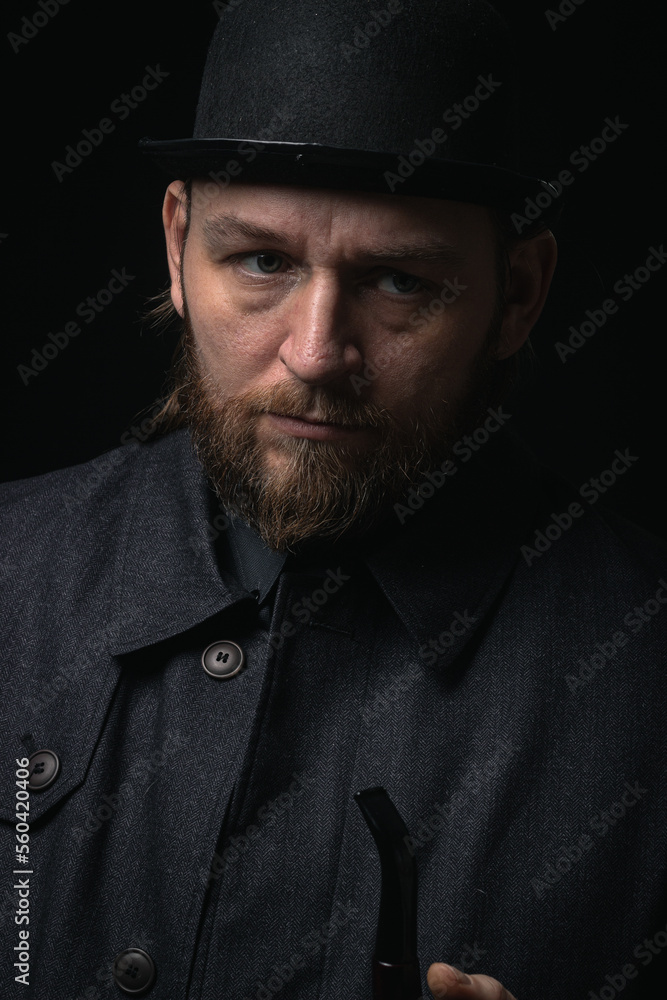stylish man in retro outfit suit hat smoking wooden pipe sherlock holmes look cosplay england gentleman fashionable confident gangster Guy Ritchie Charlie Hunnam style stylish man in retro outfit suit hat smoking wooden pipe sherlock holmes look cosplay england gentleman fashionable confident gangster Guy Ritchie Charlie Hunnam style