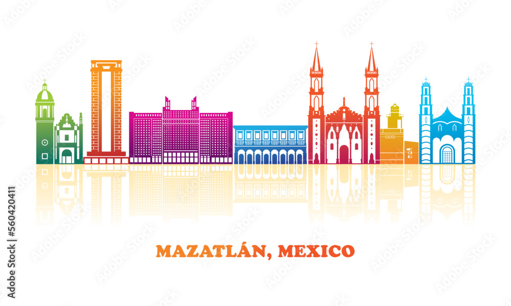 Colourfull Skyline panorama of city of Mazatlan, Mexico - vector illustration