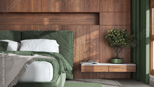 Modern bedroom close up. Wooden headboard in white and green tones. Velvet bed, bedding, pillows and carpet. Contemporary interior design