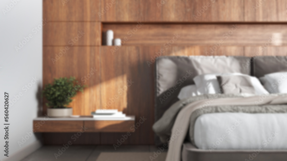 Blurred background, cozy bedroom close up. Wooden headboard. Velvet bed, bedding, pillows and carpet. Modern minimalist interior design Blurred background, cozy bedroom close up. Wooden headboard. Velvet bed, bedding, pillows and carpet. Modern minimalist interior design