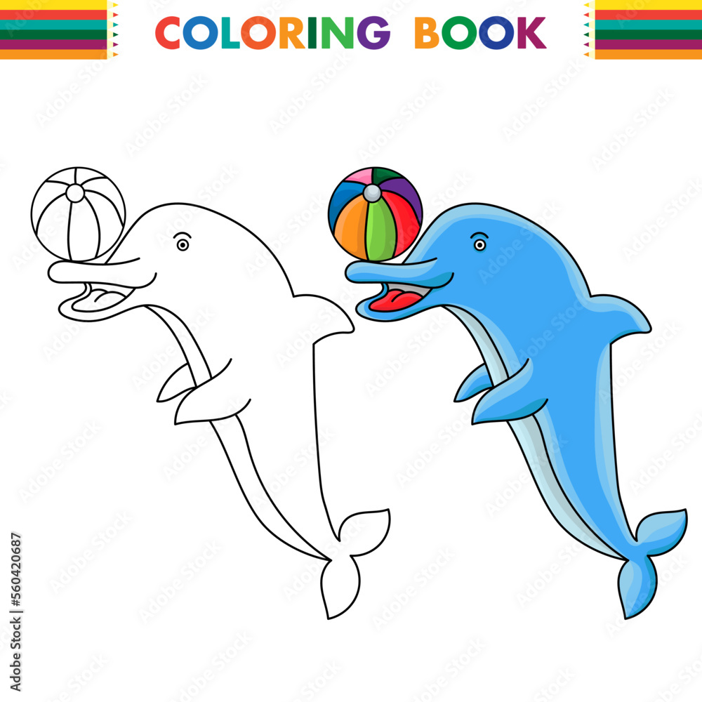 Naklejka premium Coloring book for kids, dolphin playing ball vector