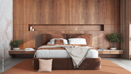 Schilderij op canvas Modern bedroom with wooden headboard in orange and beige tones