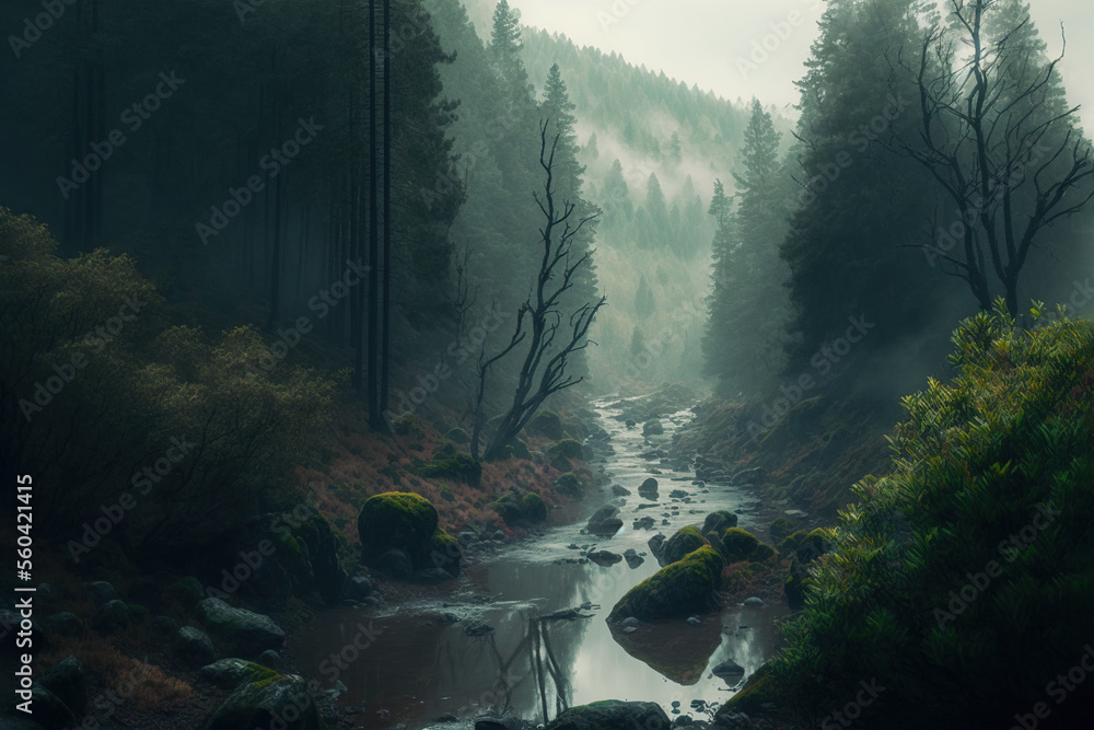 forest, stream, fog, scenery, no people, art illustration