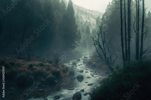 forest  stream  fog  scenery  no people  art illustration