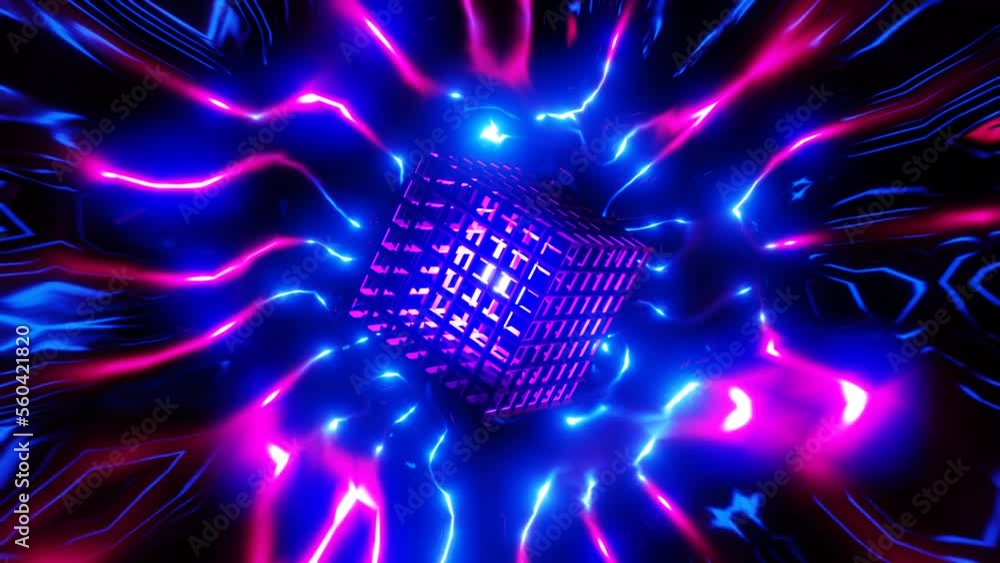 pulsing neon cube in a colorful galactic sci-fi tunnel vj loop template. High quality 4k footage