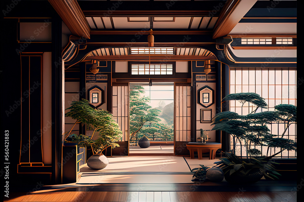 Minimal interior design in japanese style. Asian living room with open ...