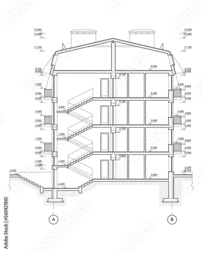 Multistory building detailed architectural technical facade cross section, vector blueprint