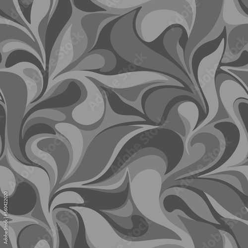 Seamless pattern with abstract curly floral ornament. Modern endless camo texture with drops and leaves. Vector background.