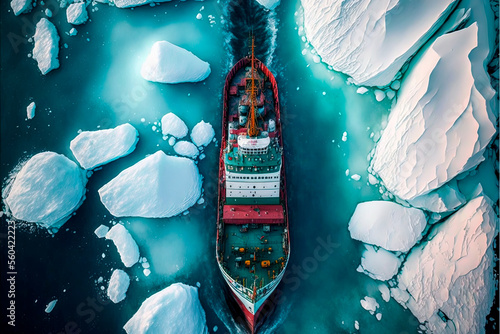 icebreaker ship breaking through the ice of a frozen sea, generative ai photo