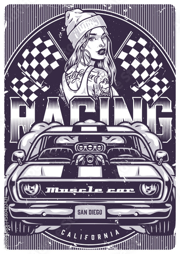 Woman street racer monochrome flyer