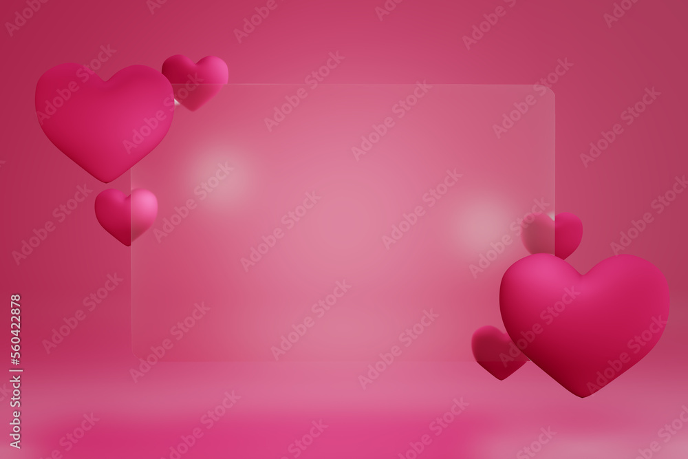3d render. Valentine's Day. Red hearts and glass banner for inscription text. Viva Magenta