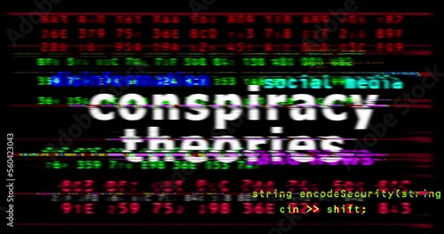 Conspiracy theories media and abstract screen 3d seamless looped. Fly between glitch and noise text concept of disinformation, fake news, hoax, false information and propaganda. photo