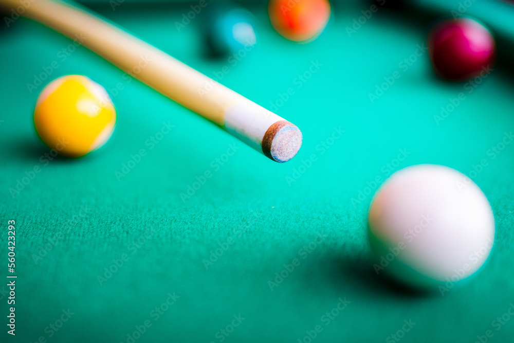 Billiard snooker balls composition on the green pool table. Gambling game of Billiards. Billiard snooker balls composition on the green pool table. Gambling game of Billiards.