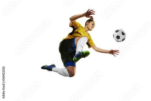 Bottom view. Young woman, professional female football, soccer player in motion, training, playing isolated over white background