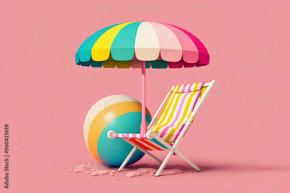 Beach Scene With Chair With Umbrella And Ball On Pink Background Generative AI Beach Scene With Chair With Umbrella And Ball On Pink Background Generative AI